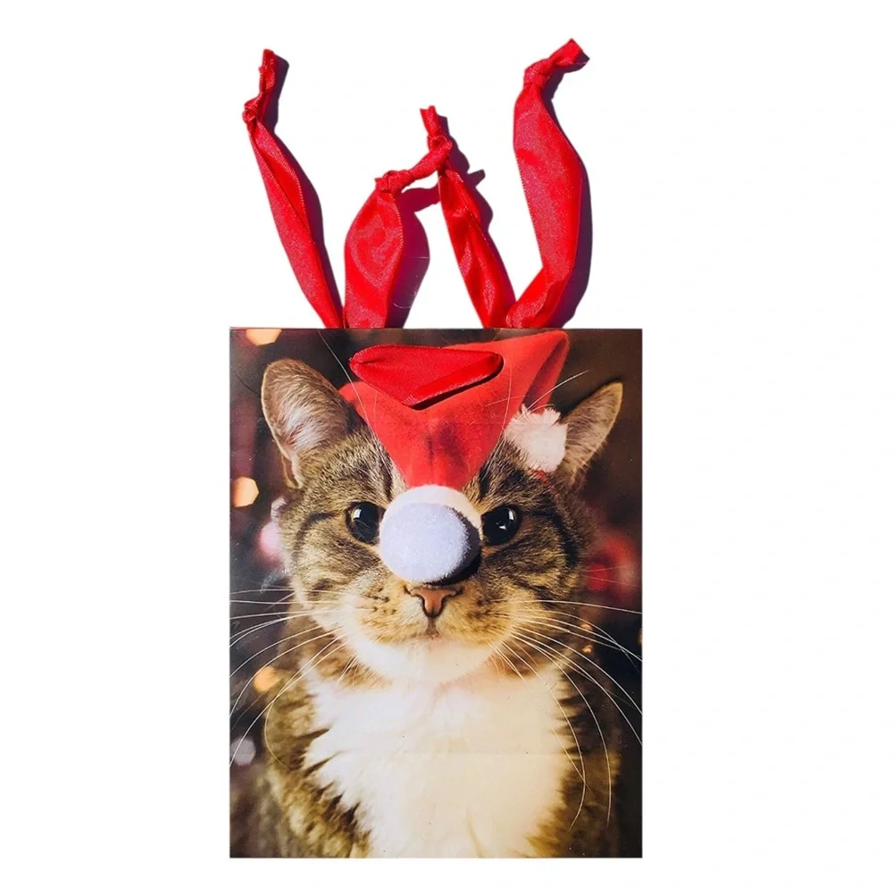 Kitten 3D Pom Pom Santa Hat Small Christmas Gift Bag